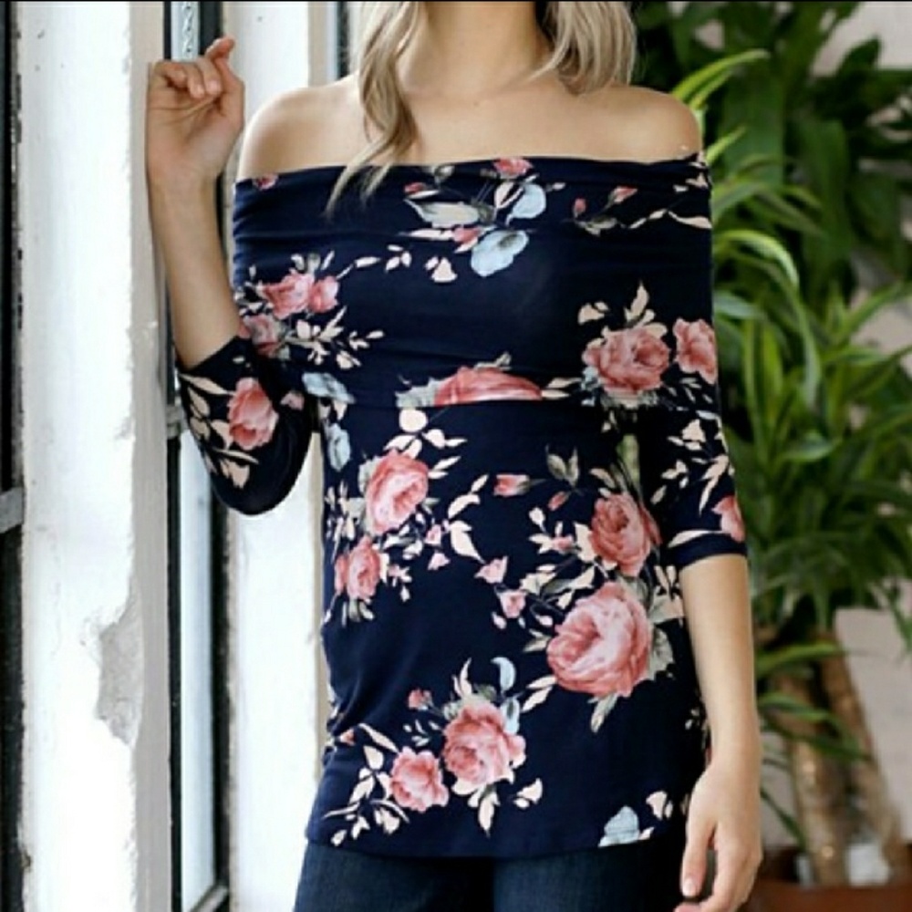 🆕 Navy Top with Floral Print. Adjustable Shoulder Coverage. NWT